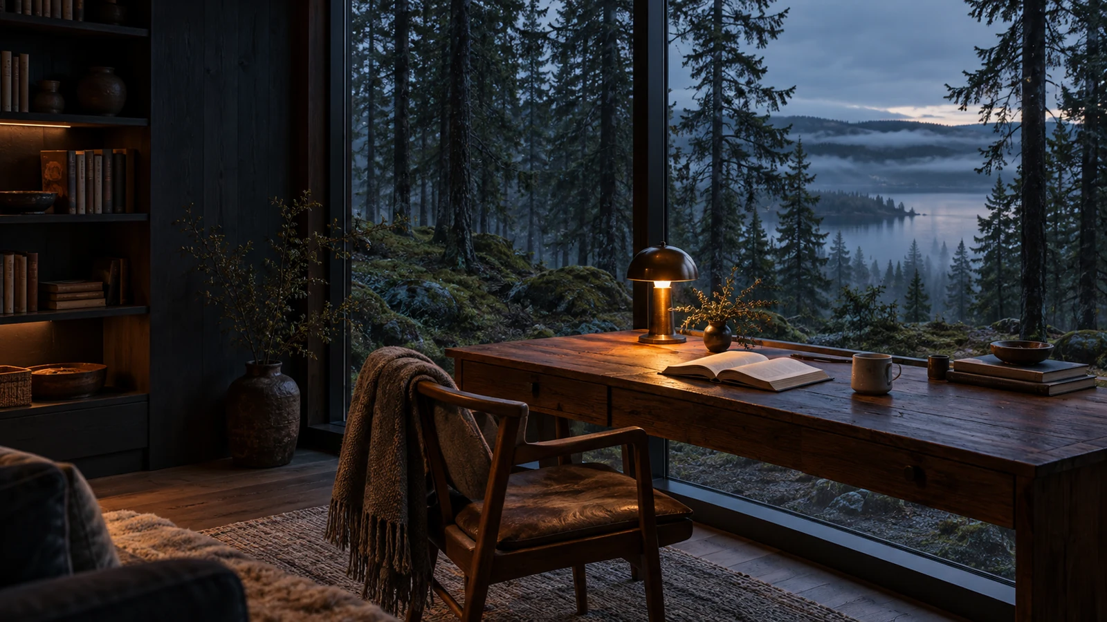 A wooden desk, a book and a warm lamp; mist moves through the forest outside
