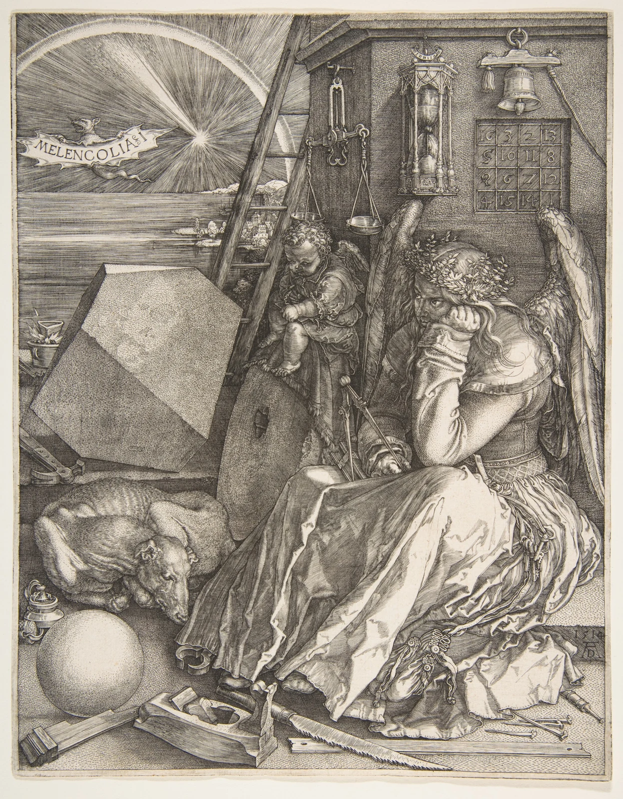 A winged figure rests her head among measuring tools, geometric objects, a ladder and an hourglass, rendered in fine engraved lines.
