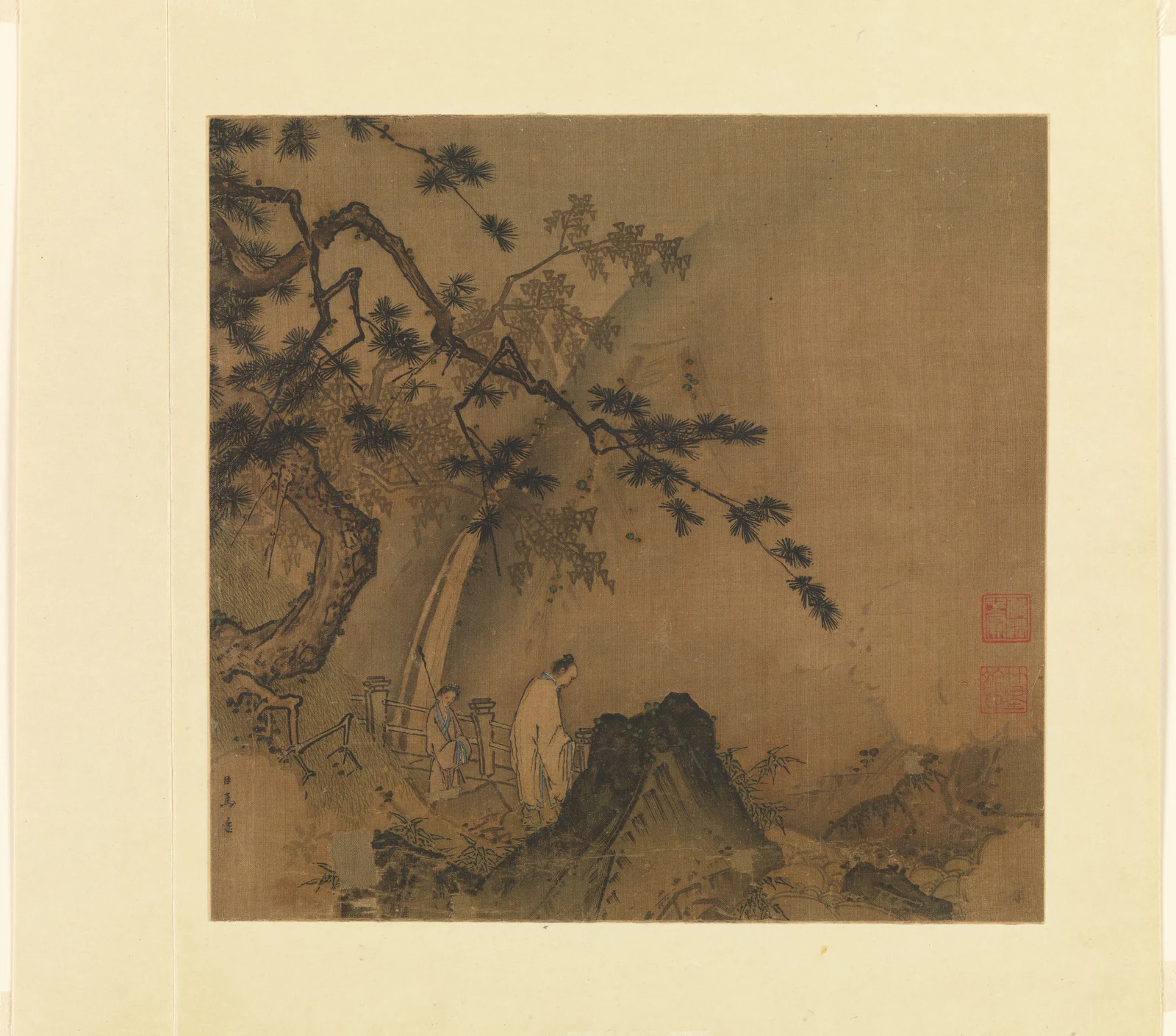 A scholar beside rocks beneath an angled pine branch, gazing toward a cascade in an ink-and-color album leaf.
