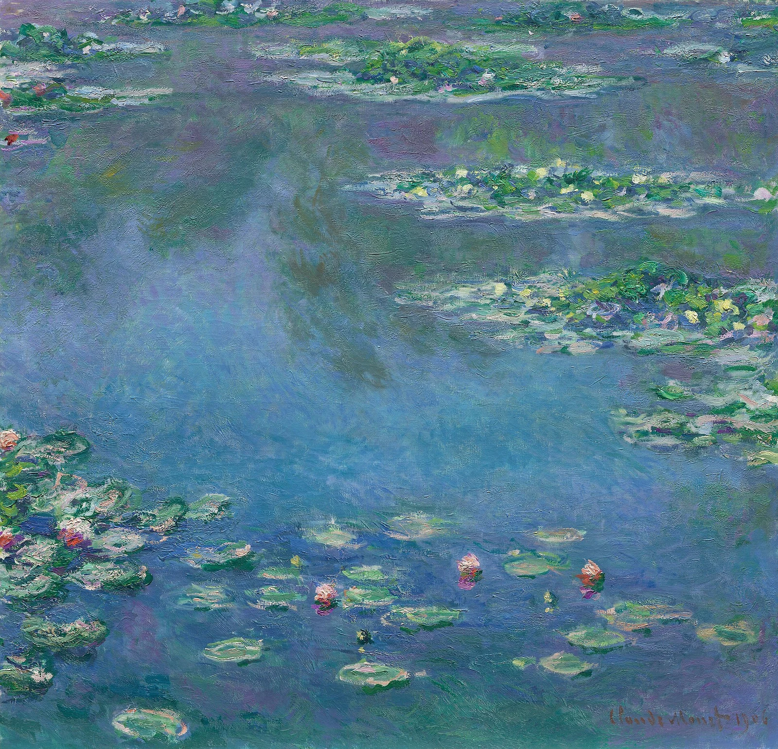 Pink and white water lilies float across a blue-green pond reflecting trees and sky, with visible painted brushwork.