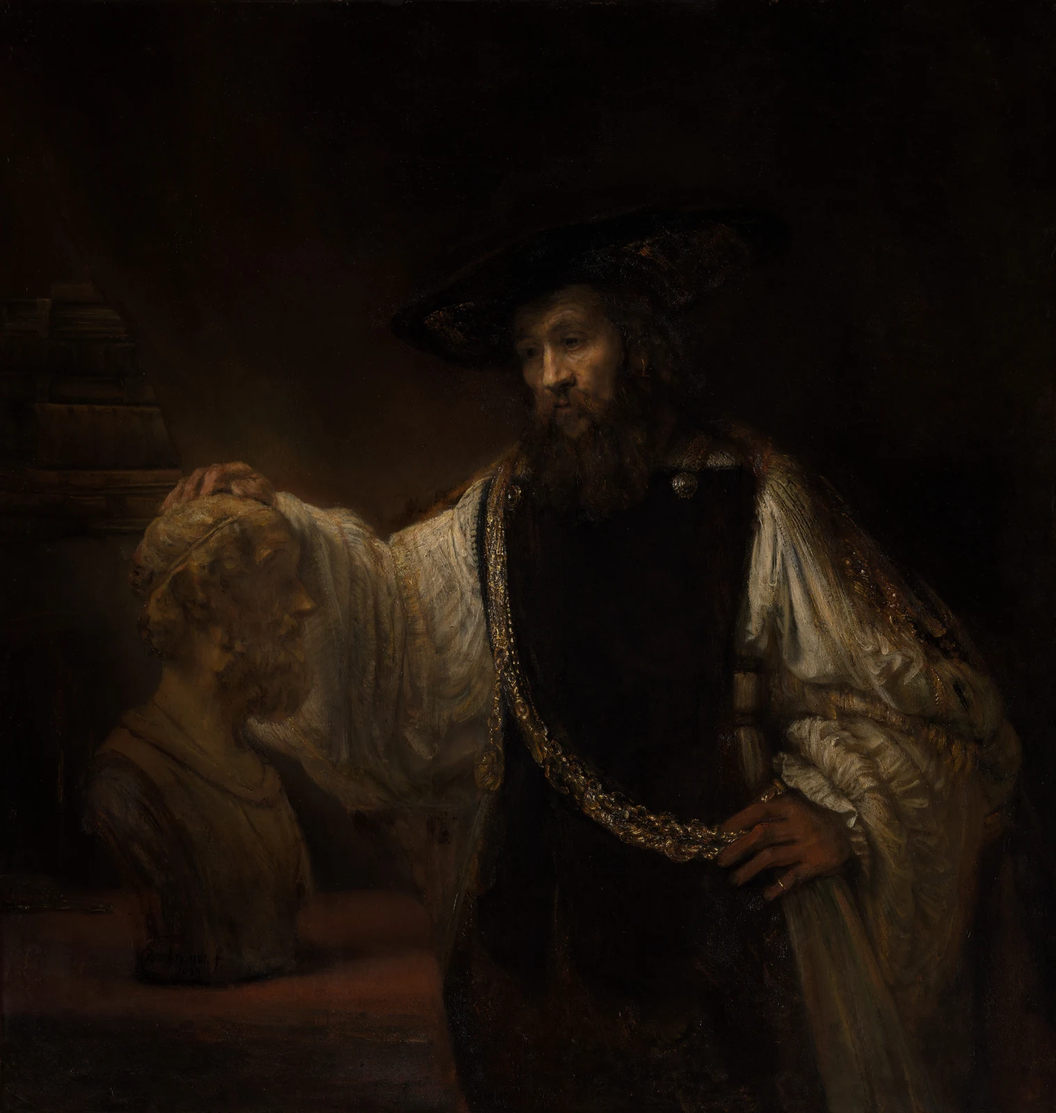 Aristotle wears rich dark clothing and a gold chain, resting one hand on a bust of Homer against a deep shadowed background.