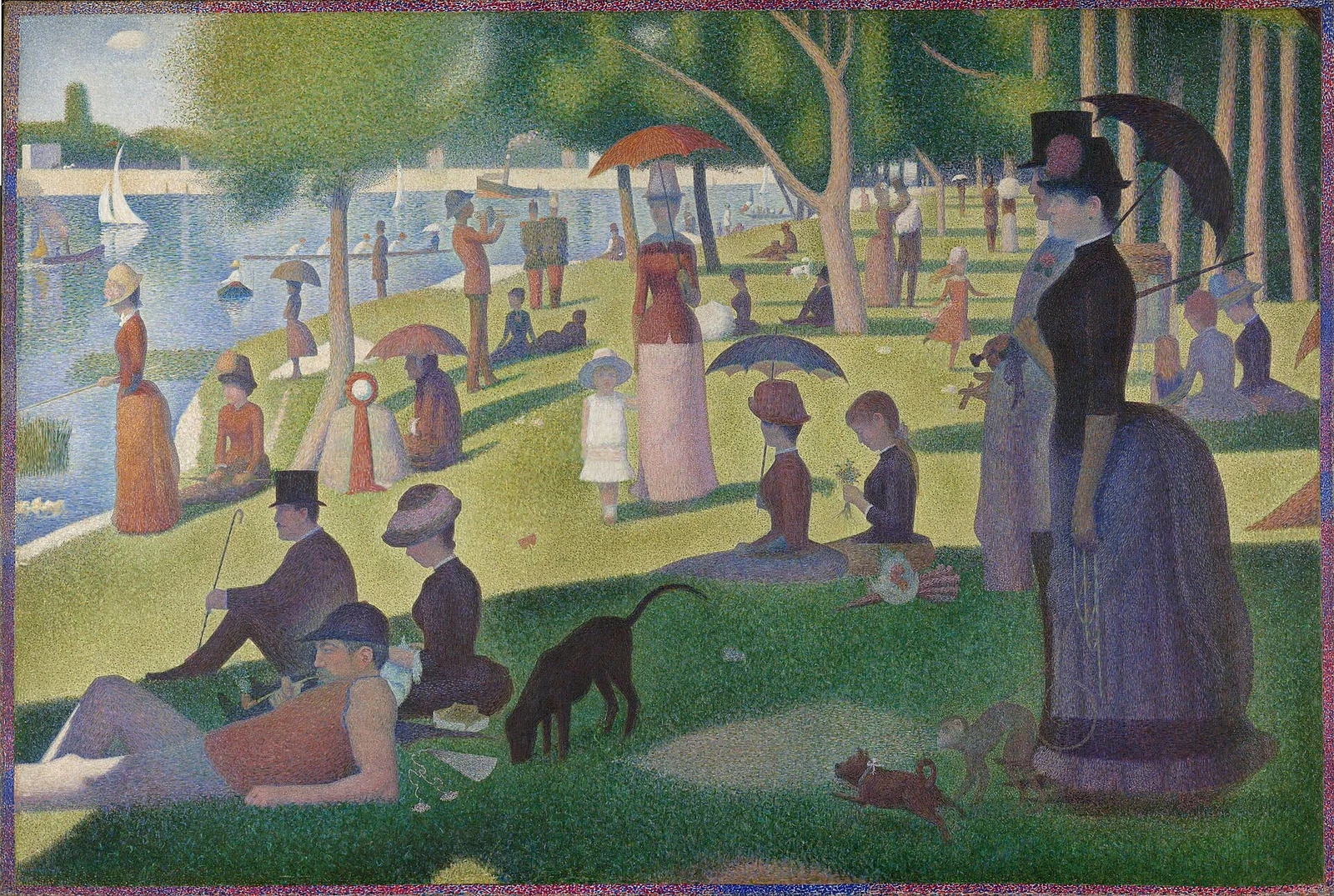 People sit and stand in a riverside park; parasols, tree shadows and water are built from many small coloured marks.