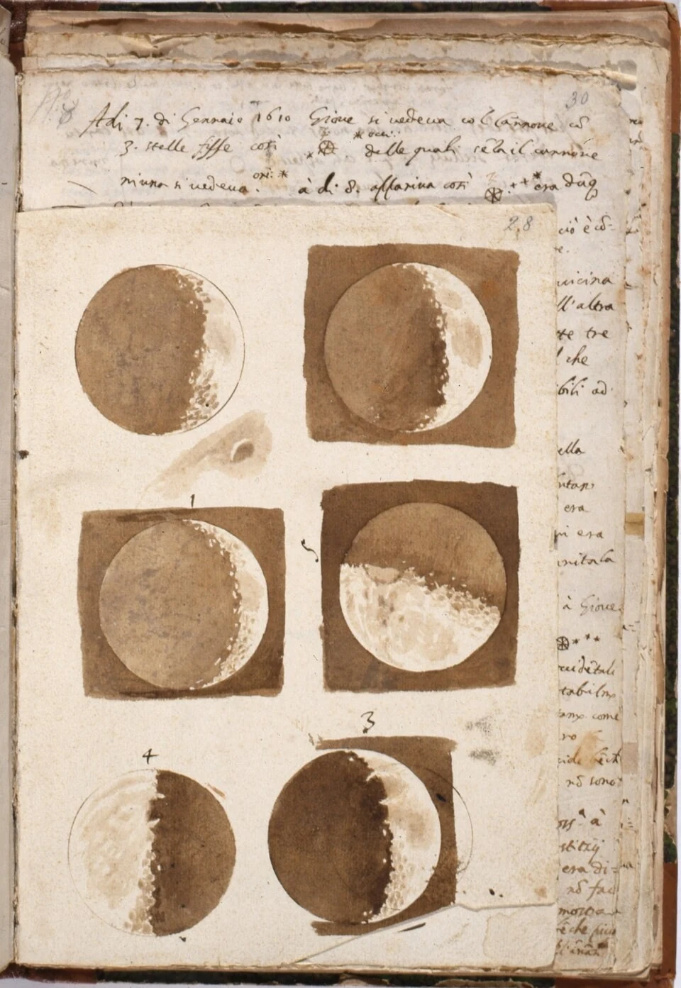 Lunar observations, watercolor manuscript; Galileo Galilei, 1609