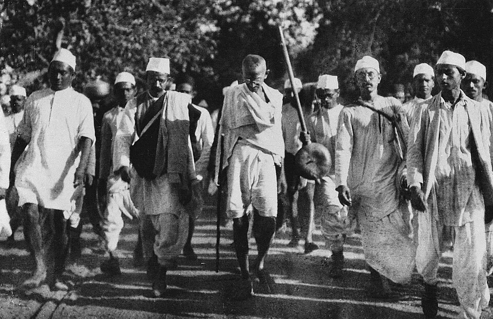Gandhi and fellow marchers on the Salt March; Photographer unidentified, March 1930