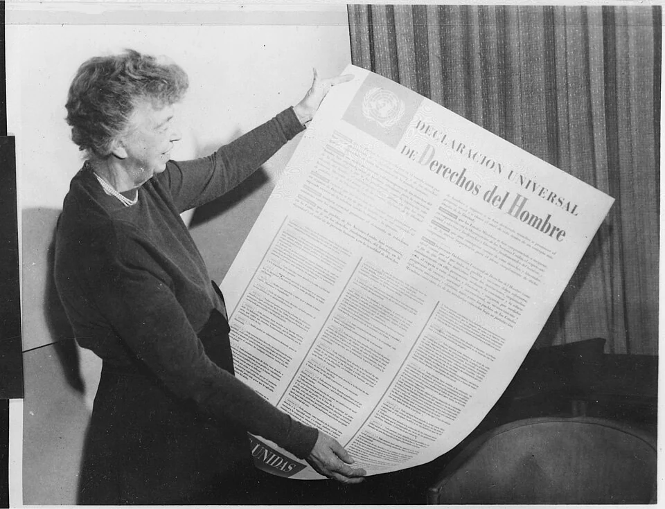 Eleanor Roosevelt with the Universal Declaration of Human Rights; Photographer unidentified; Roosevelt Library collection, November 1949